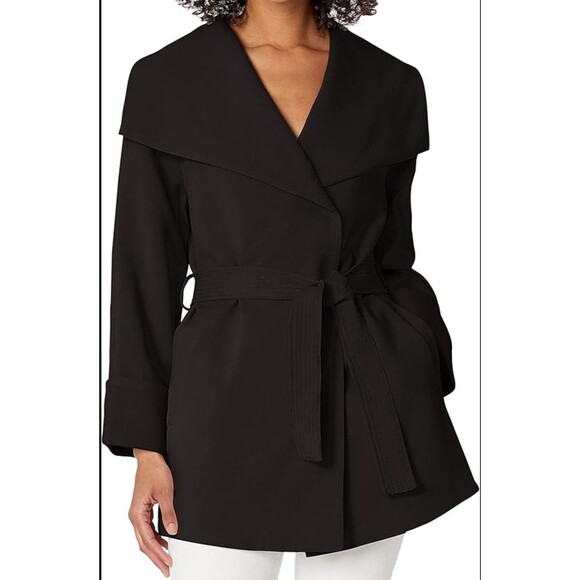 Tahari Coat Womens Large Riley Crepe Drape Neck Black Tie Belt Snap Close New - Picture 11 of 12